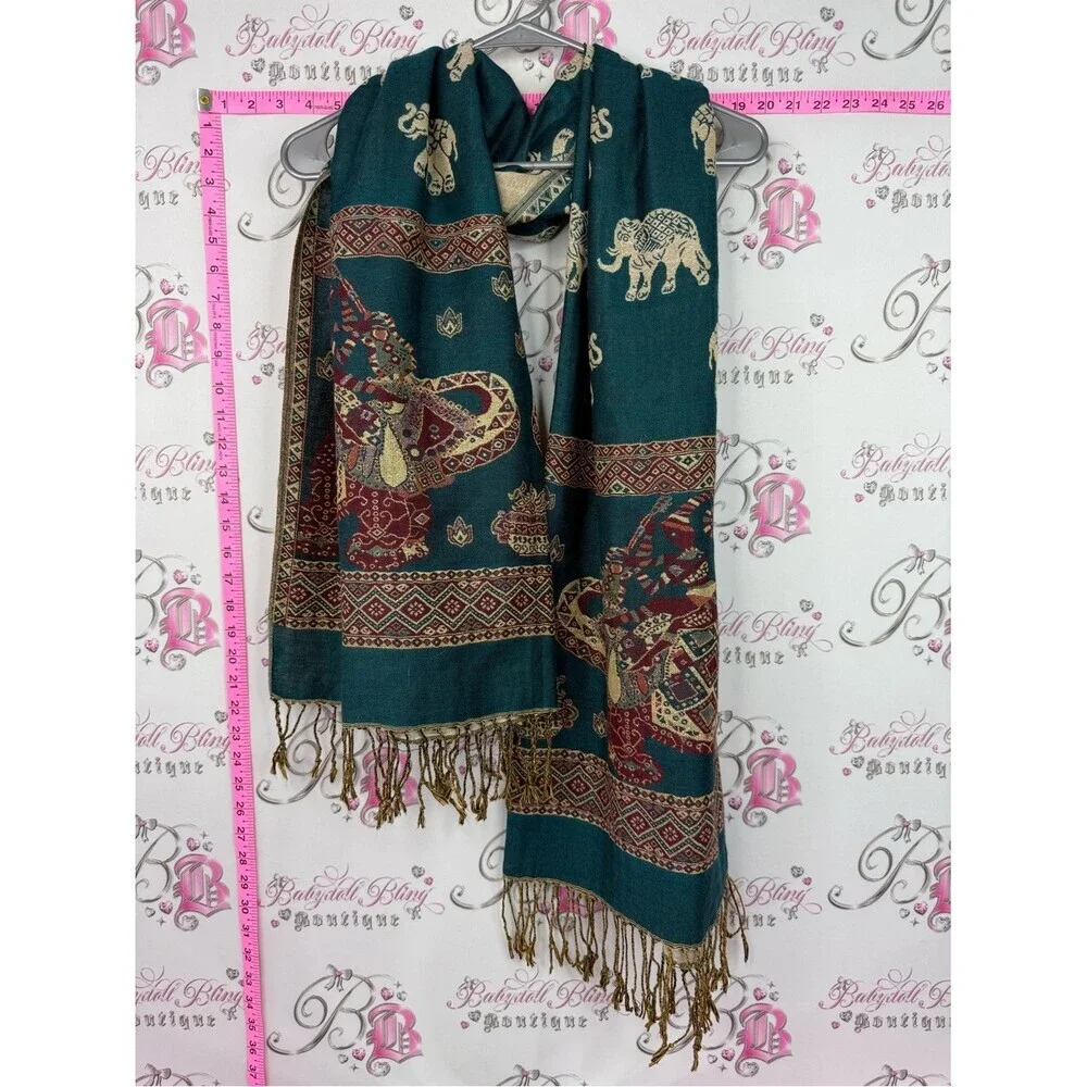 Scarf tassel Teal Elephant Pattern Pashmina Scarf
